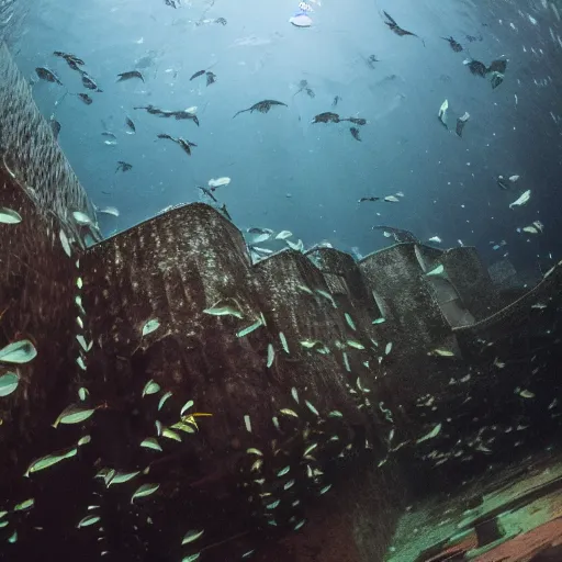 Image similar to underwater edinburgh castle, deep underwater, fish shoal, shot on gopro9, dynamic lighting, 8k, very very very highly detailed, hyper realistic realistic, kelp