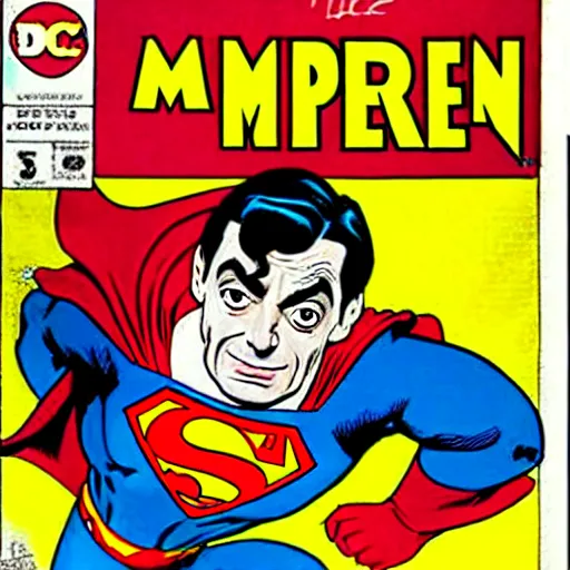 Image similar to mr bean as superman. dc comics coverart, comicbook, comic panel