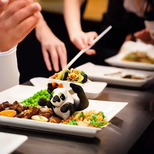 Prompt: a group of diners being served panda in a fancy restaurant, promotional picture, award winning, high quality, high resolution