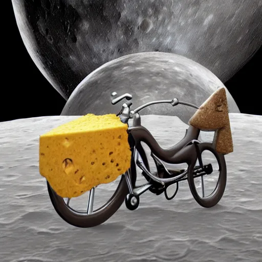 Prompt: a stainless steel bike, with swiss cheese wheels, there is a rat cycling on the surface of the moon and, drives away from a huge dangerous mushroom, explosion clouds. photorealistic