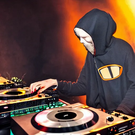 Image similar to a goat wearing a dark hooded cloak on the dj decks