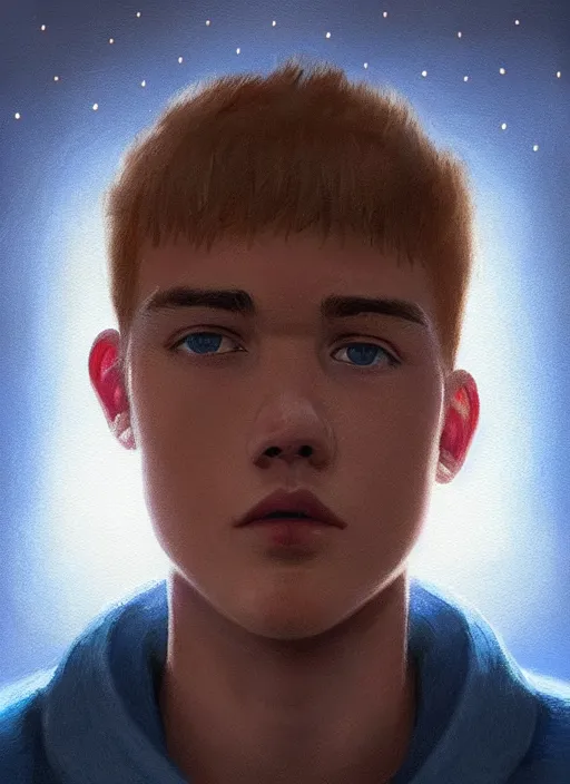 Image similar to portrait of high school senior boy named big moose, blonde short hair, jock, beefy, wide face, square jaw, square facial structure, blue varsity jacket with letter r, intricate, elegant, glowing lights, highly detailed, digital painting, artstation, concept art, sharp focus, illustration, art by wlop, mars ravelo and greg rutkowski