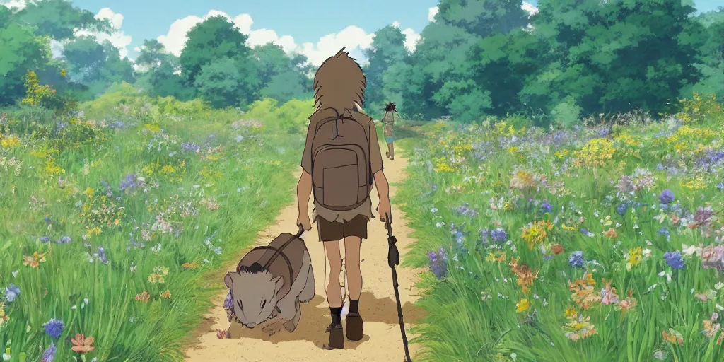 Image similar to A beaver walking upright, wearing a backpack, hiking across a field of wildflowers, art by Studio Ghibli, Chronicles of Narnia, anime
