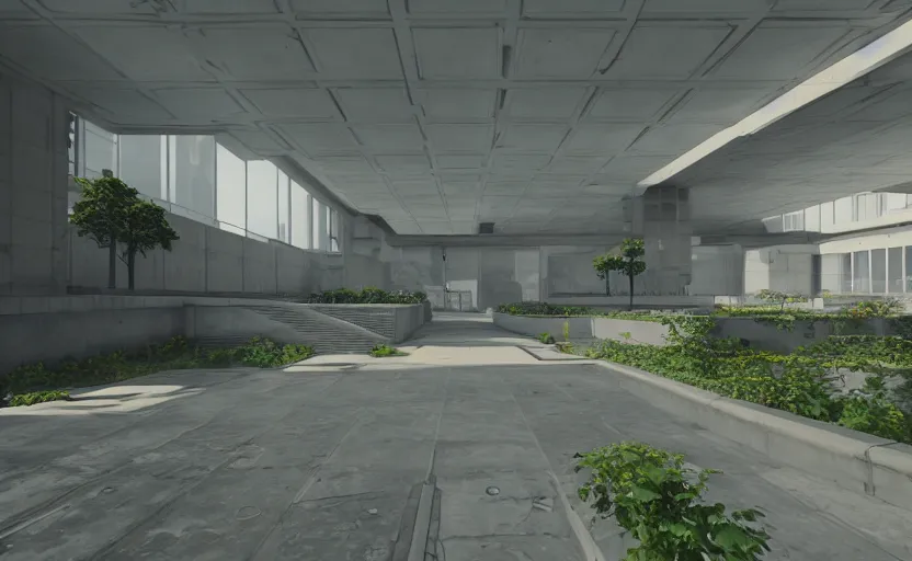 Image similar to screenshot of game on unreal engine 5, a large government building with a security checkpoint, no windows, garden terraces, inner city, photorealistic, retrofuturism, brutalism, minimalist, soft vintage glow