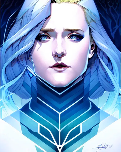 Prompt: artgerm, joshua middleton comic cover art, full body pretty evan rachel wood ice queen, symmetrical eyes, symmetrical face, long curly blue hair, icy forest, chiral lighting