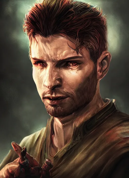 Prompt: A fantasy comic book style portrait painting of a 30 year old male as a Sorcerer in a atmospheric dark fortress, unreal 5, DAZ, hyperrealistic, octane render, RPG portrait, ambient light, dynamic lighting