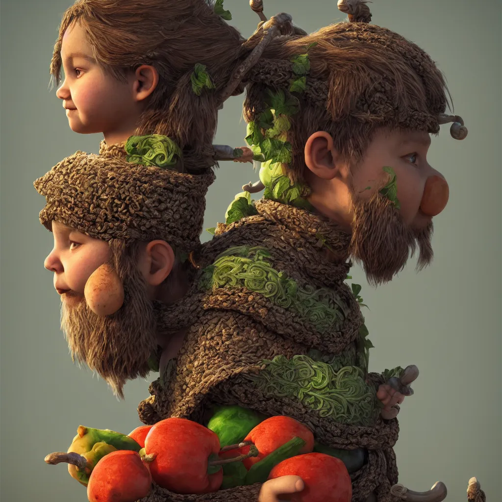 Image similar to profile picture of a Viking child holding vegetables, intricate, ornate, photorealistic, ultra detailed, octane render, high definition, depth of field, bokeh, 8k, artstation, cgsociety