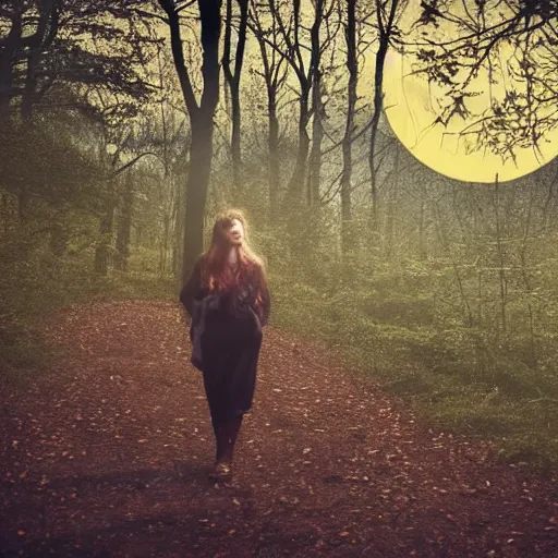 Prompt: beautiful woman with her eyes closed, walking in the forest twilight. full moon. folk horror