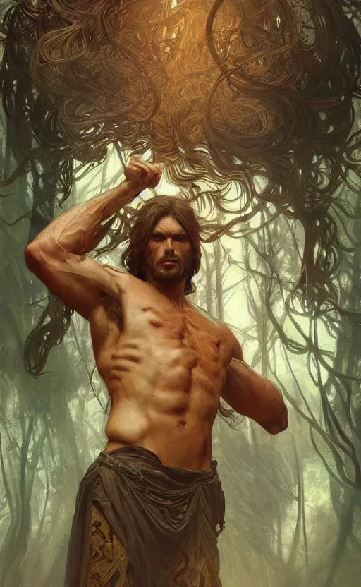 Prompt: God of the forest, male, long hair, gorgeous, amazing, muscular, intricate, highly detailed, digital painting, artstation, concept art, sharp focus, illustration, art by greg rutkowski and alphonse mucha