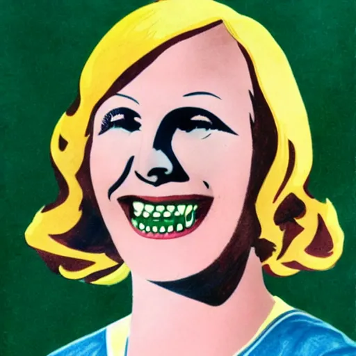 Image similar to a 1 9 2 8 color drawing portrait. happy, healthy, smiling, sporty, glowing, teenage greta garbo in athletic wear with big smile and healthy teeth. colorful, realistic, high quality.