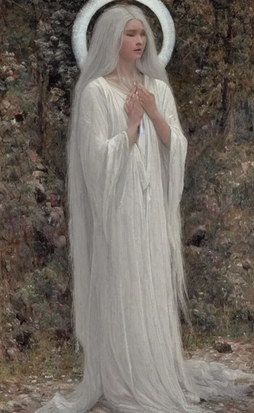 Prompt: say who is this with silver hair so pale and wan! and thin!? female angel in white robes flowing hair fair body, white dress!! of silver hair, covered!!, clothed!! lucien levy - dhurmer, fernand keller, oil on canvas, 1 8 9 6, 4 k resolution, aesthetic, mystery