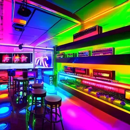 Prompt: photo of an rgb gaming hotel