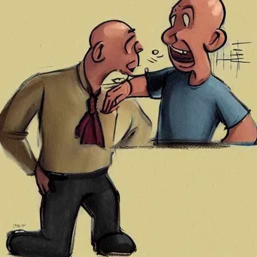 Prompt: bald man slapping another man in a hat in the face. Well composed, detailed, pixar concept art by Mike Altman and Pozuka Demisu