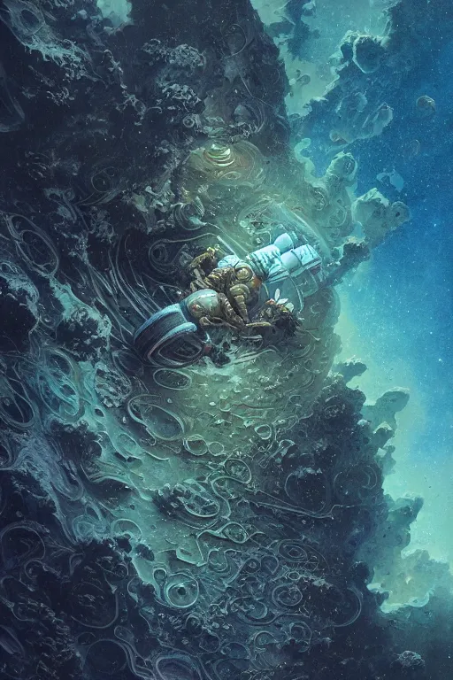 Image similar to close up shot of an astronaut portrait fading into the aether, water elemental, james gurney, peter mohrbacher, mike mignola, black paper, mandelbulb fractal, trending on artstation, exquisite detail perfect, hyper detailed, intricate ink illustration, black background