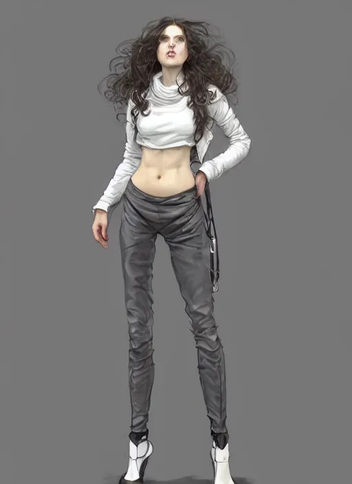 Image similar to girl in very short white! top and very short gray! leather jacket, open belly, long dark curly hair, high waist sweatpants, intricate, elegant, highly detailed, digital painting, artstation, concept art, smooth, illustration, art by artgerm and greg rutkowski and alphonse mucha