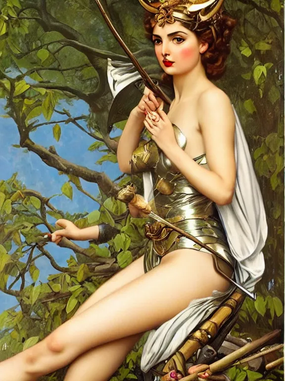 Image similar to Ana de armas as Artemis the Greek goddess of the hunt, a beautiful art nouveau portrait by Gil elvgren, Moonlit forest environment, centered composition, defined features, golden ratio, silver jewelry