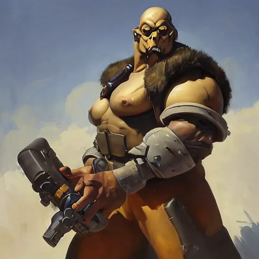 Image similar to greg manchess portrait painting of a dieselpunk orc as an overwatch character, medium shot, asymmetrical, profile picture, organic painting, sunny day, matte painting, bold shapes, hard edges, street art, trending on artstation, by huang guangjian and gil elvgren and sachin teng