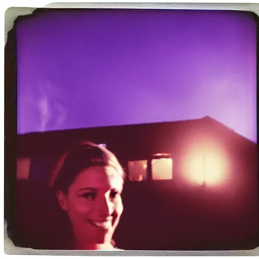 Image similar to a woman in the background a house on fire and she is smiling and the moon is purple, polaroid photo, perfect photo, photo pinterest