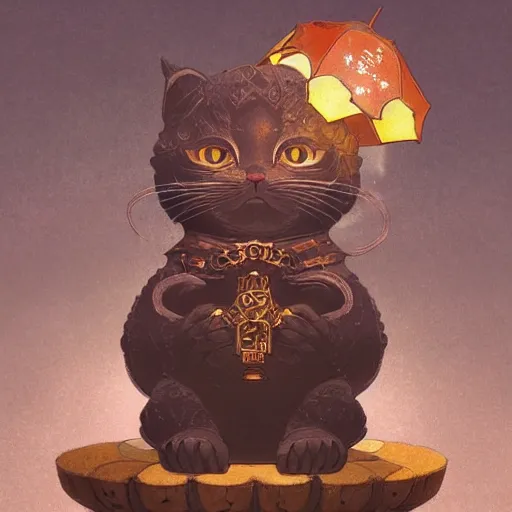 Image similar to A cute maneki neko, flowers around, D&D, fantasy, intricate, cinematic lighting, highly detailed, digital painting, artstation, concept art, smooth, sharp focus, illustration, art by Akihiko Yoshida, Greg Rutkowski and Alphonse Mucha