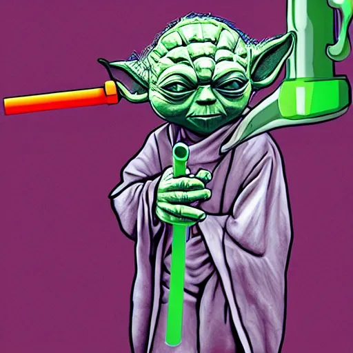 Image similar to yoda holding a large syringe, digital art, trending on artstation, psychedelic