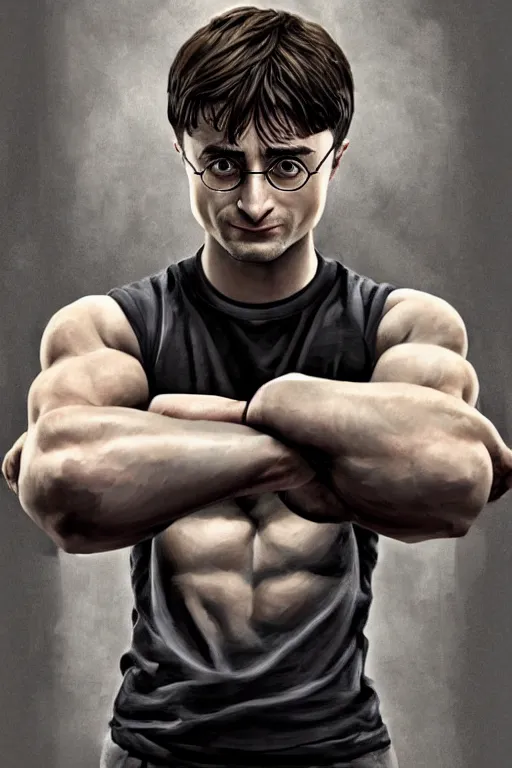 Image similar to highly detailed rendering of Daniel Radcliffe as Harry Potter doing barbell back squats, dingy gym, wearing a muscle tee shirt, symmetrical, highly detailed, digital painting, artstation, concept art, smooth, sharp focus, illustration, cinematic lighting, art by artgerm and greg rutkowski and alphonse mucha