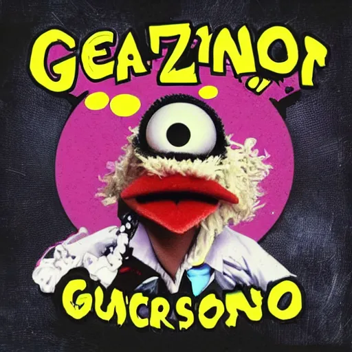Image similar to gonzo from muppets in a bowl of macaroni, death metal album cover