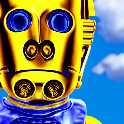 Prompt: entire body portrait of Simpson as C3PO in star wars, background blue sky puffy clouds cinematic 4k