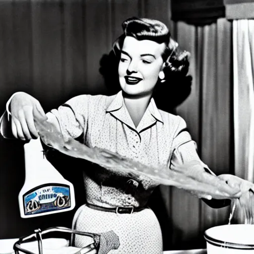 Prompt: a vintage photograph of a 1 9 5 0 s house wife washing dollar bills with detergent