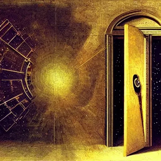 Image similar to golden ratio, photo - realism, space astronaut opening door that shows space and time created by leonardo davinci with extra detail, epic.