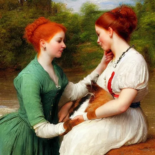 Prompt: A photorealistic painting of a redheaded woman petting a cat by a river in the style of Eugene de Blaas