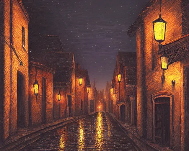 Prompt: A medieval, magical London street at night, Tudor houses, digital painting by Alena Aenami, trending on artstation