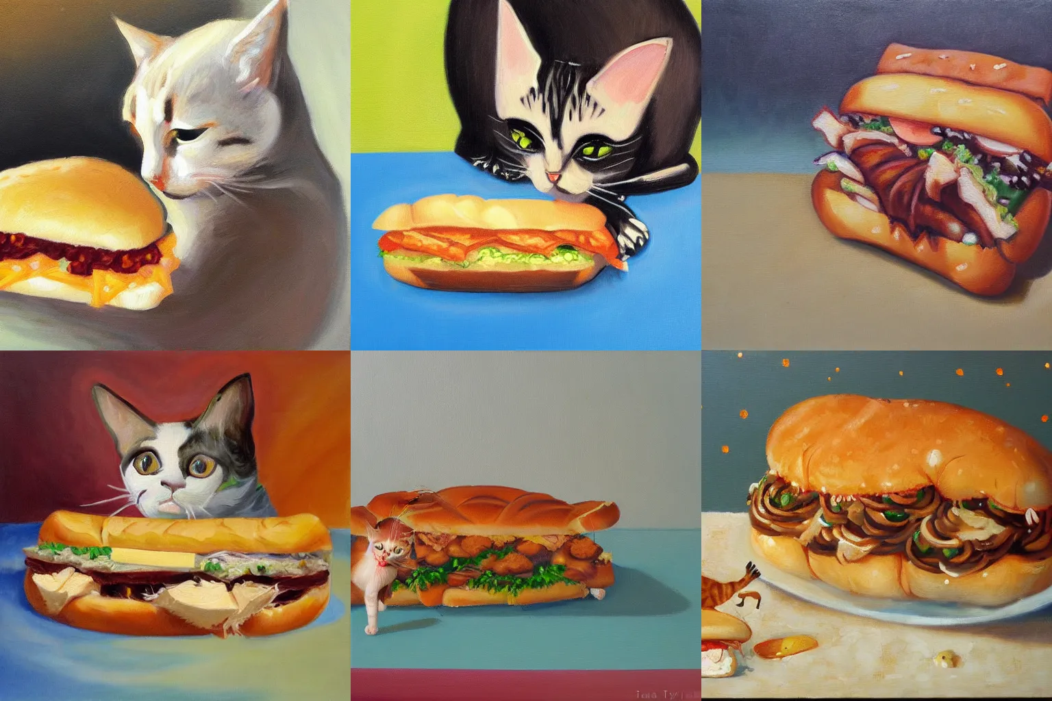 Prompt: an oil painting of a cat biting into a big sandwich by Aya Takano