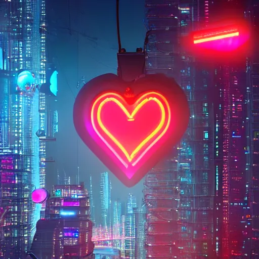 Prompt: A glowing neon heart suspended in the air above a futuristic city, cyberpunk digital art