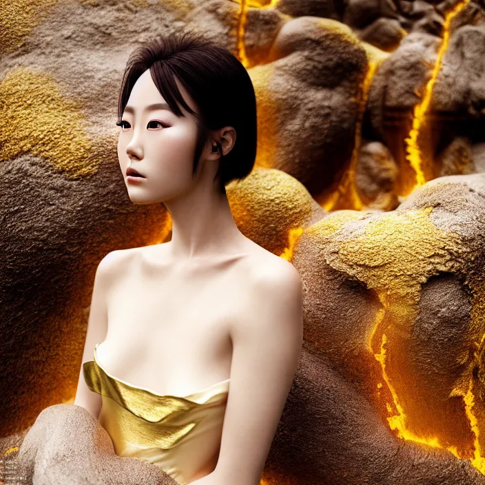 Image similar to Kodak Portra 400, 8K, soft light, volumetric lighting, highly detailed, Rena Nounen style 3/4 ,portrait photo of a Japanese ravishing Goddess by WLOP, the face emerges from a lava flowing gold travertine terraces with lotus flowers, inspired by Ophelia paint , a beautiful chic dress and hair are intricate with highly detailed realistic beautiful flowers , Realistic, Refined, Highly Detailed, ethereal lighting colors scheme, outdoor fine art photography, Hyper realistic, photo realistic