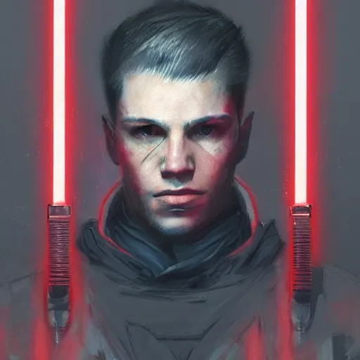 Prompt: A portrait of a man, hairstyle undercut, techwear, cyberpunk, sith, star wars art, red light, art by greg rutkowski, matte painting, trending on artstation