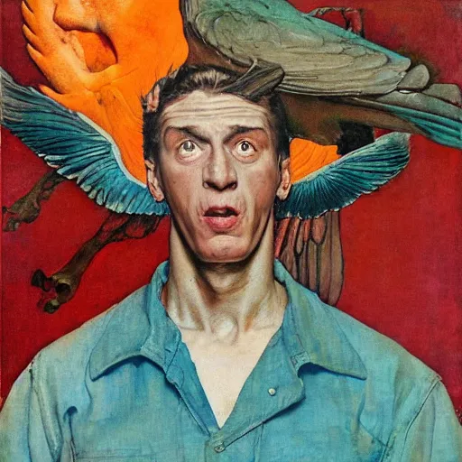 Image similar to mesozoic, teal gloomy by norman rockwell, by zinaida serebriakova. a installation art of a man, with an animal skull for a head, & a large bird perched on his shoulder. the man is looking up at the bird with a fierce expression, & the bird is looking back at him with an equally intense gaze.