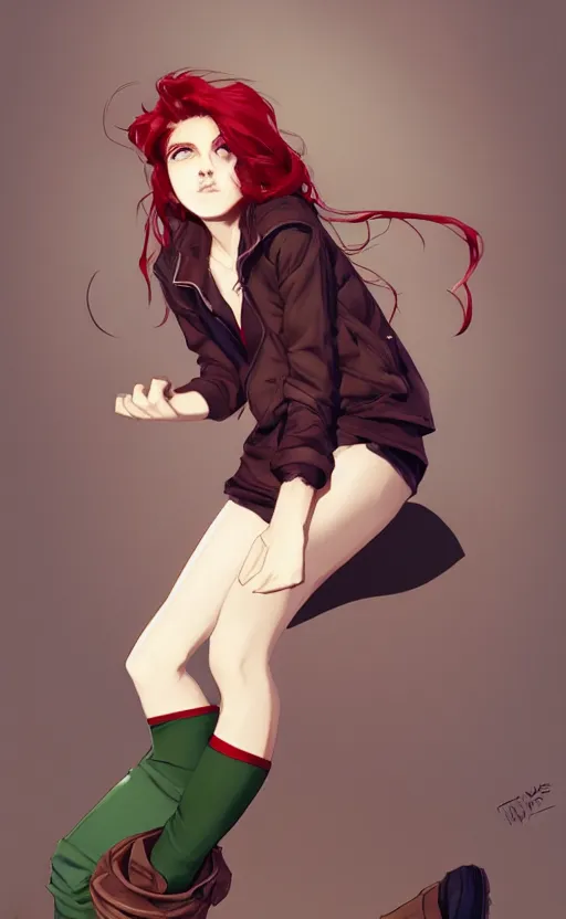 Image similar to full-body shot of an attractive tomboy girl with long, crimson red hair and red eyes, wearing a brown, open jacket and green jeans with a stern look, midriff, concept art, character design, by WLOP, by Tomine, by Kon, Satoshi, by Leyendecker