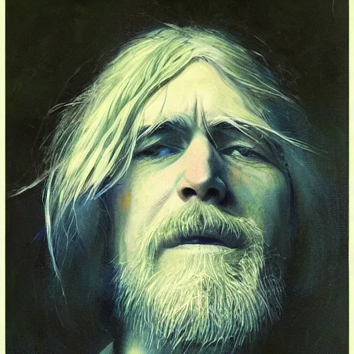 Image similar to UHD tonalism painting of an elderly, old Cosmic Kurt Cobain, by Antonio Caparo and Ferdinand Knab and Greg Rutkowski, UHD, photorealistic, trending on artstation, trending on deviantart
