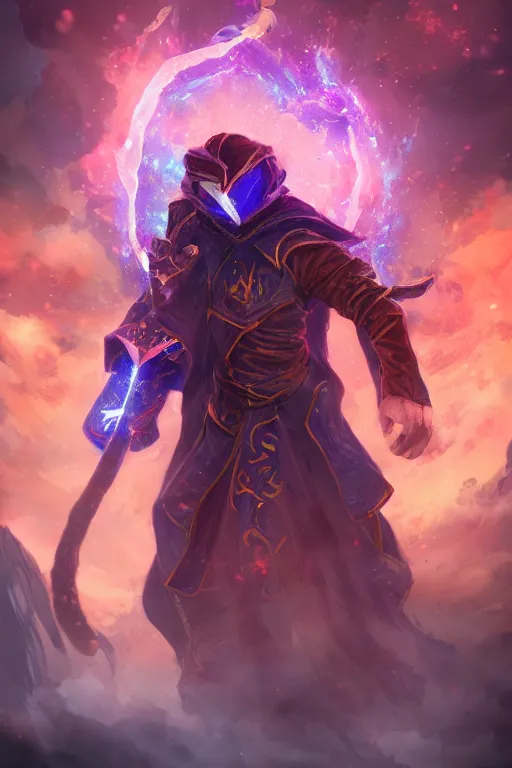 Image similar to majestic meteor mashing masked mage, fantasy, magic, digital art, trending on artstation, professional illustration, ultra detailed, celshaded, burst of power, boss fight