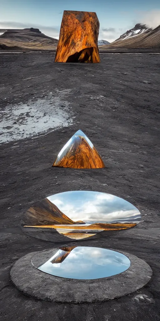 Image similar to futuristic angular architect giant golum monster made from deconstucted charcoal wood and mirrors, refracted, floating, portal, iceland landscape photography sunset, by lurie belegurschi and gunnar freyr