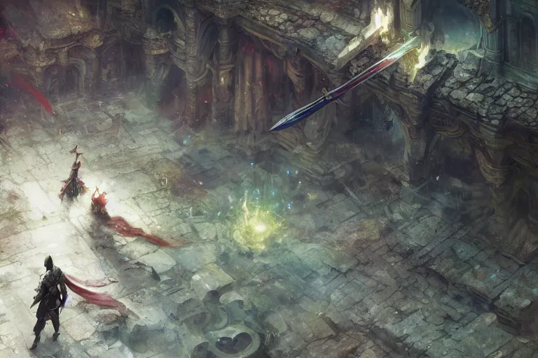 Image similar to a man tripping over a sword in an arena, fantasy, digital art, tone mapping, akihiko yoshida, james jean andrei riabovitchev marc simonetti, yoshitaka amano, greg rutkowski