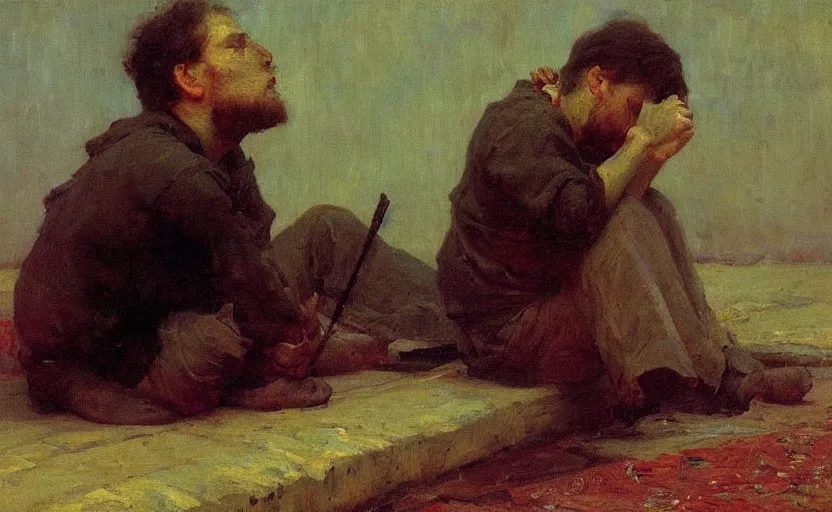 Image similar to high quality high detail painting by ilya repin, desperate man suffering from solitude, hd