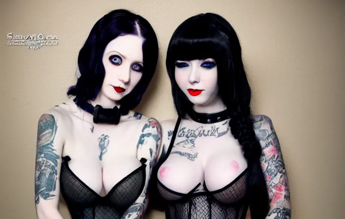 Prompt: two beautiful pale skin cosplay girls, gray eyes, black hair, fully tattooed body, fishnet corset with choker, clothes fully on, symmetrical, beautiful detailed face, masterpiece, paint by stanley lau