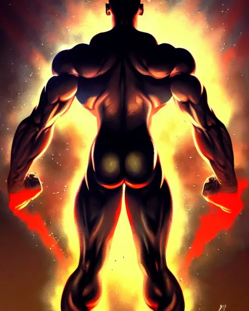 Image similar to gigachad luigi bodybuilder jumping in front of a atomic blast fighting like one punch man wearing a suit in the fight club city, fantasy character portrait, ultra realistic, anime key visual, full body concept art, intricate details, highly detailed by greg rutkowski, ilya kuvshinov, gaston bussiere, craig mullins, simon bisley