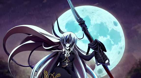 Image similar to Albedo Overlord laying down leaning against a scythe | Somber moon | wet Dungeon Chamber | Moonlit Night | strong blue rimlit | visual-key | anime illustration by Danmachi | highly detailed