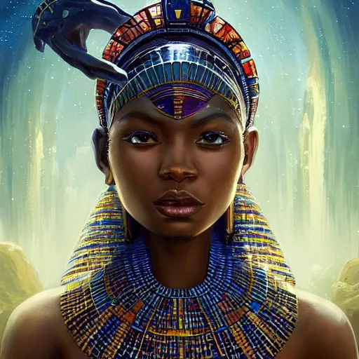 Image similar to highly detailed portrait of an african egyptian goddess destroying her ego, intricate alien technology, stephen bliss, unreal engine, fantasy art by greg rutkowski, loish, rhads, ferdinand knab, makoto shinkai and lois van baarle, ilya kuvshinov, rossdraws, tom bagshaw, global illumination, radiant light, detailed and intricate environment