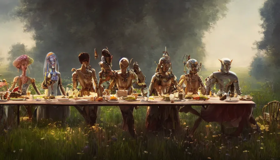 Image similar to a table dinner of humanoid robots where robots are dressed like the characters from the midsommar movie, realistic detailed digital art by maxwell boas jessica rossier christian dimitrov anton fadeev trending on artstation cgsociety rendered in unreal engine 4 k hq
