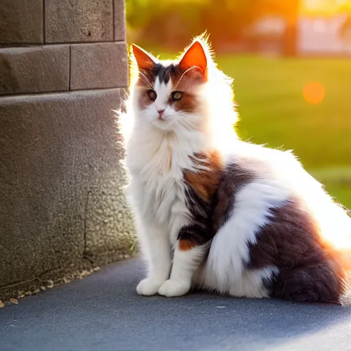 Image similar to a fluffy cute calico cat sitting on the corner of a front yard outside in the late afternoon on a beautiful summer day, sunset