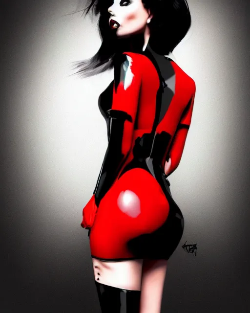 Prompt: Digital painting of a female model posing in a black latex dress, gothic, short red hair, black and red tones, dramatic background, concept art