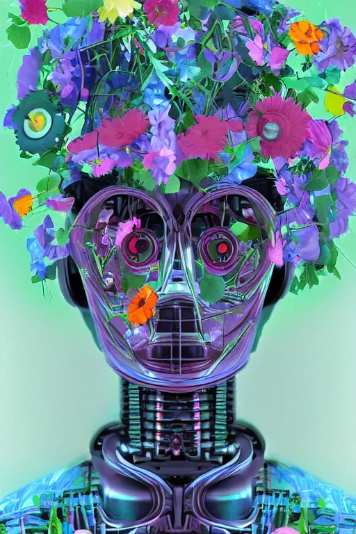 Prompt: a digital painting of a robot with flowers, 1965 character portrait by Vladimir Tretchikoff, cgsociety, panfuturism, made of flowers, dystopian art, vaporwave